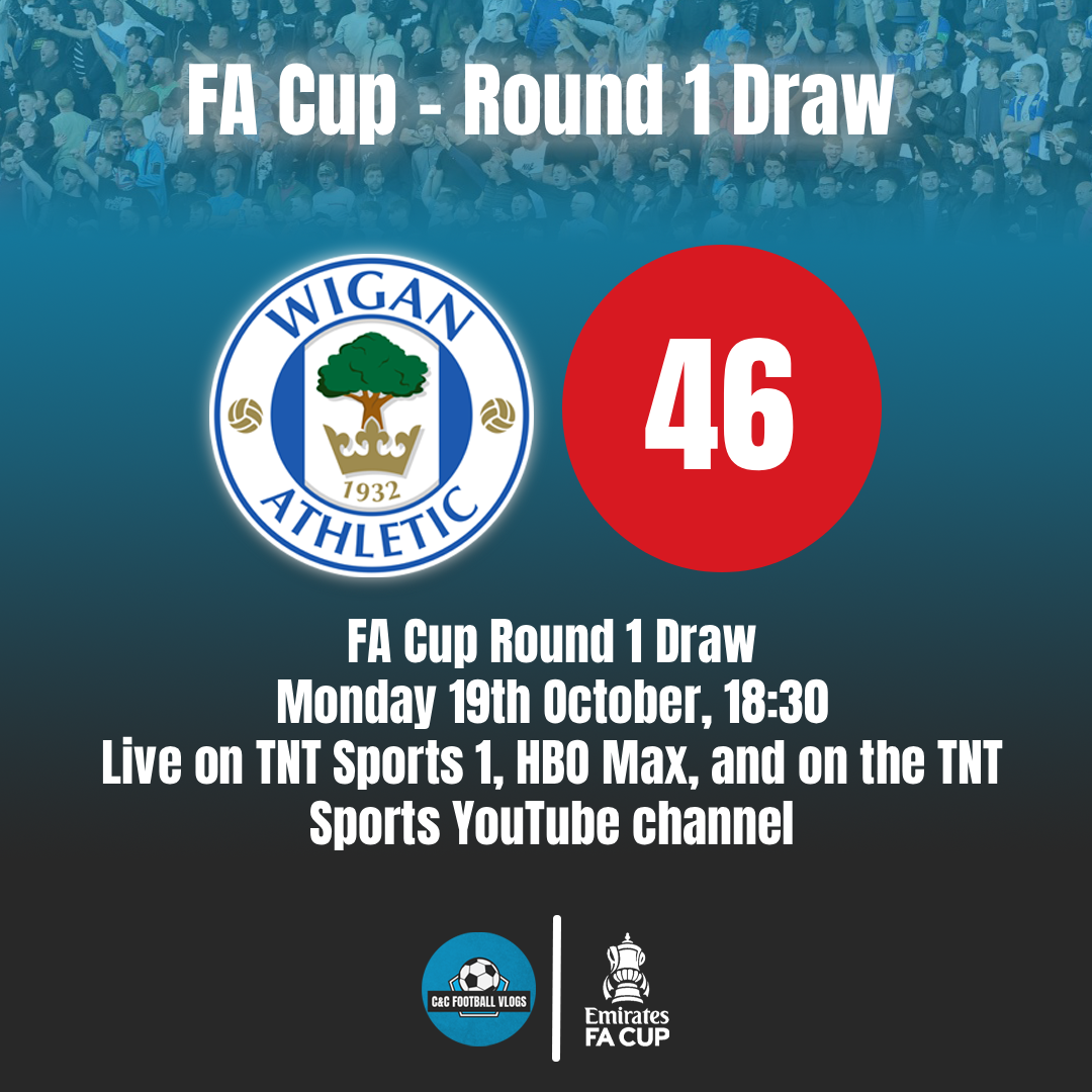 Wigan Athletic FA Cup draw graphic showing the club badge and ball number 46