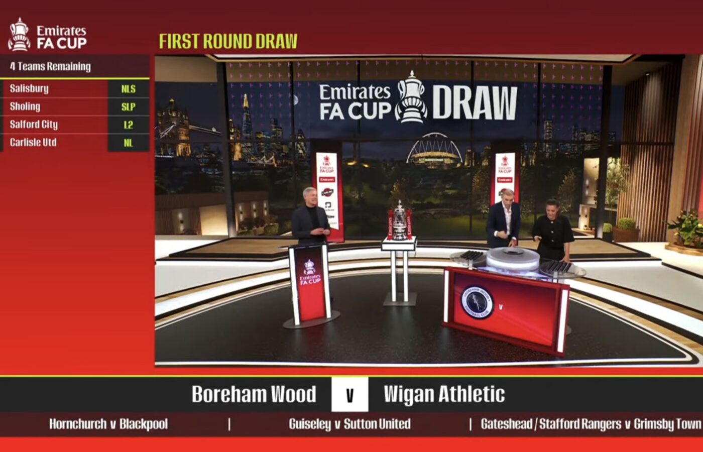 Boreham Wood v Wigan Athletic shown in the FA Cup first-round draw on TNT Sports